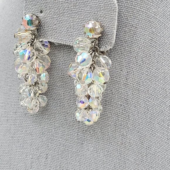 White AB Aurora Borealis Cluster Dangle Clip Earrings Vintage 2 in Length - Picture 2 of 5